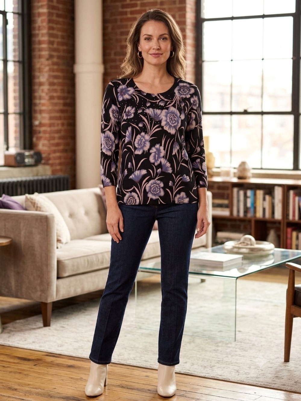 Rebecca Malone Dark Floral Knit Top - Black & Lavender